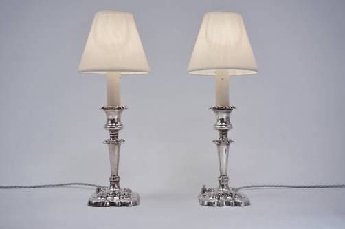 Antique candlestick lamps silver plate, a pair, by William Suckling Ltd, 1920`s ca, English